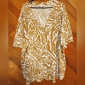 Molly and Isadora white and brown animal print short sleeved button down top 3X